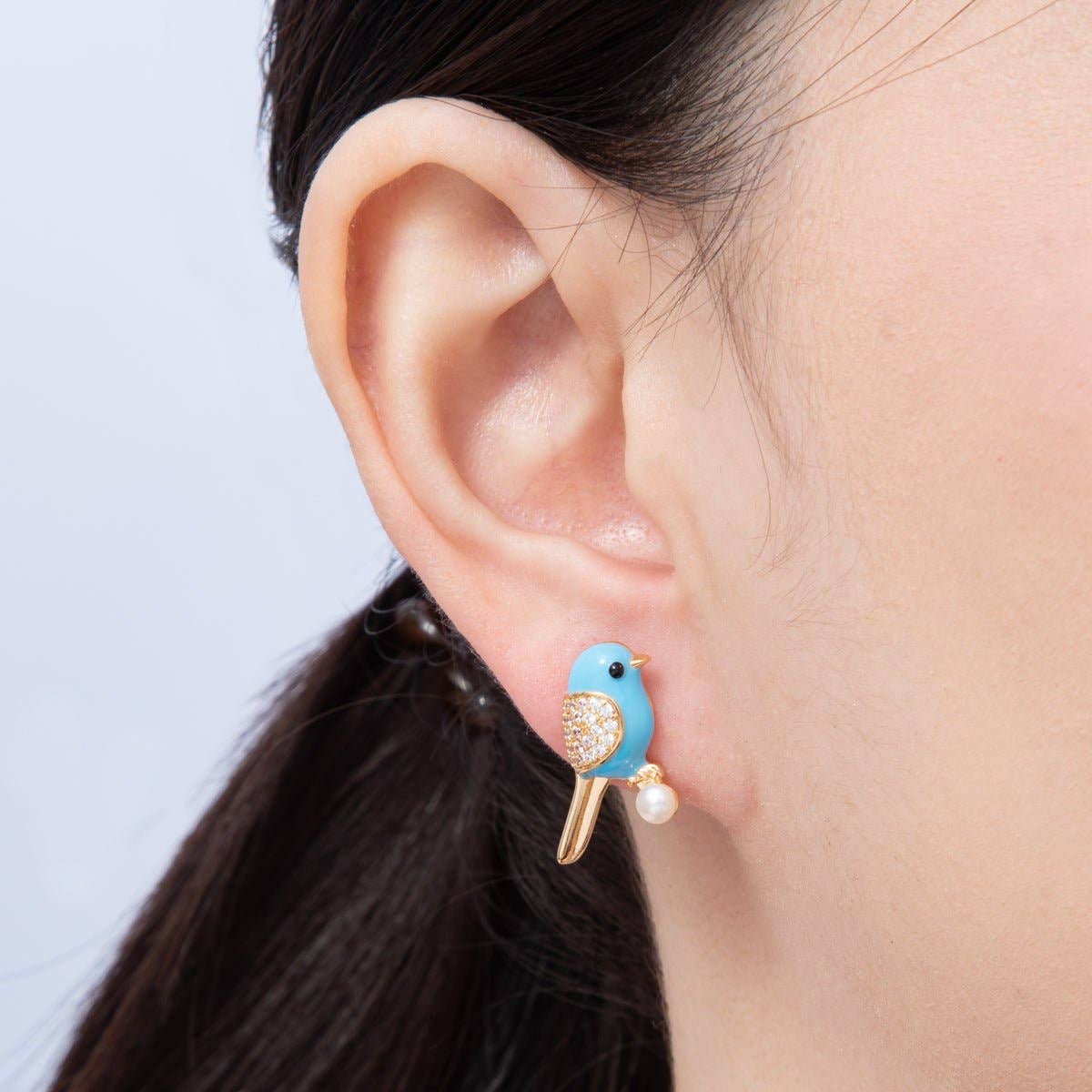 Blue Enamel Micro Paved CZ Parrot Bird Stud Earrings