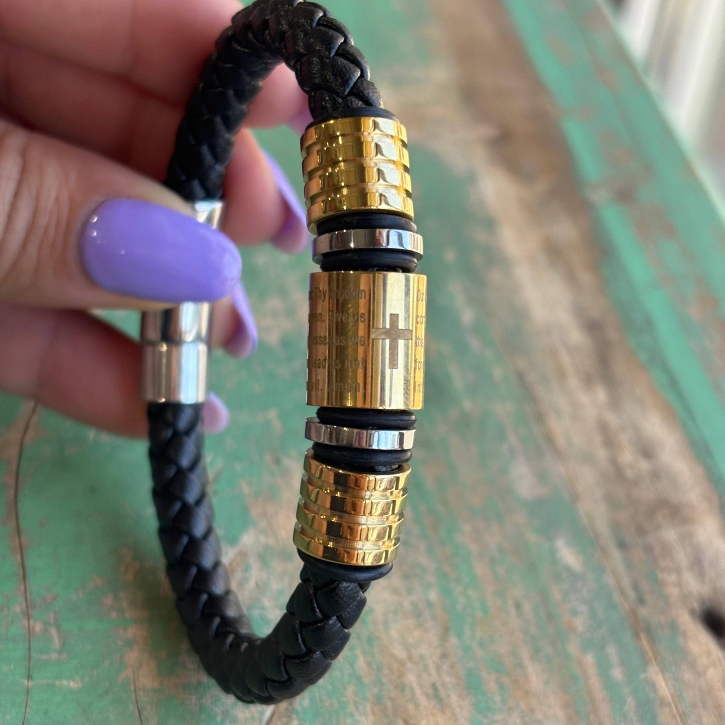 Our Father Two Tone Stainless Steel Leather Bracelet