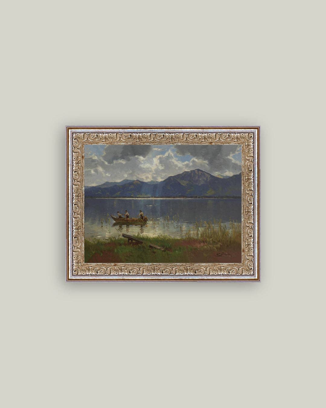Fishermen on Lake Framed Antique Art