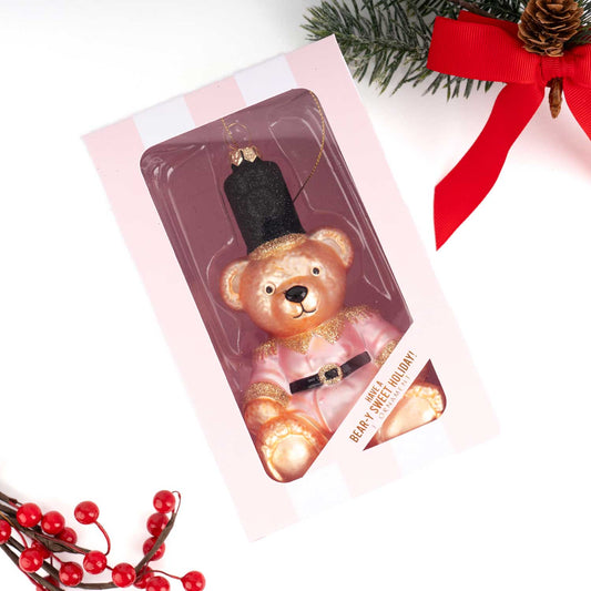 Pink Jacket Teddy Bear Glass Christmas Ornament