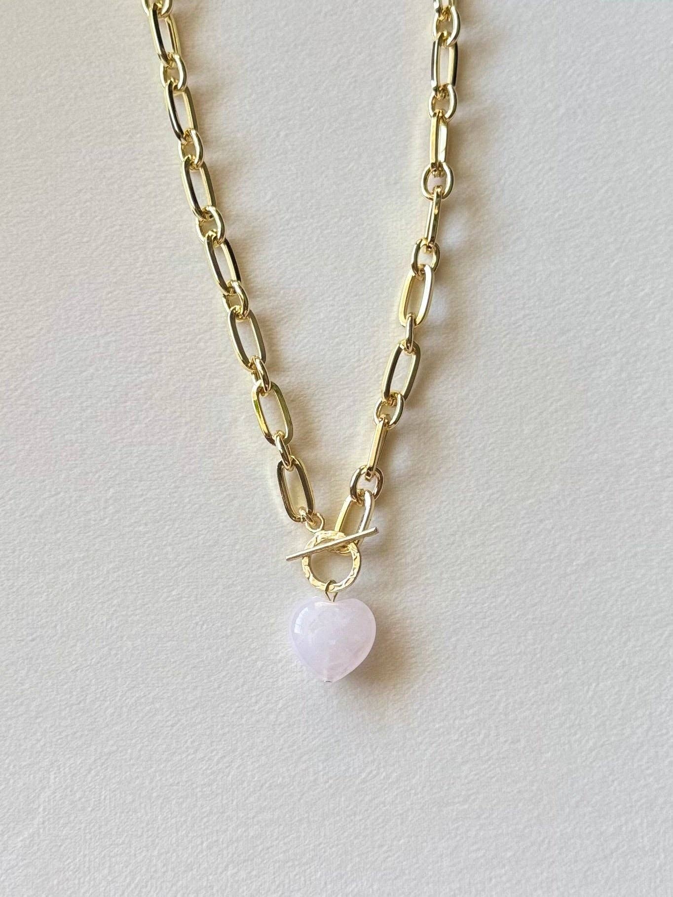 Pink Rose Quartz Crystal Heart Pendant Necklace - 18K Gold