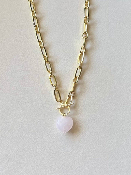 Pink Rose Quartz Crystal Heart Pendant Necklace - 18K Gold