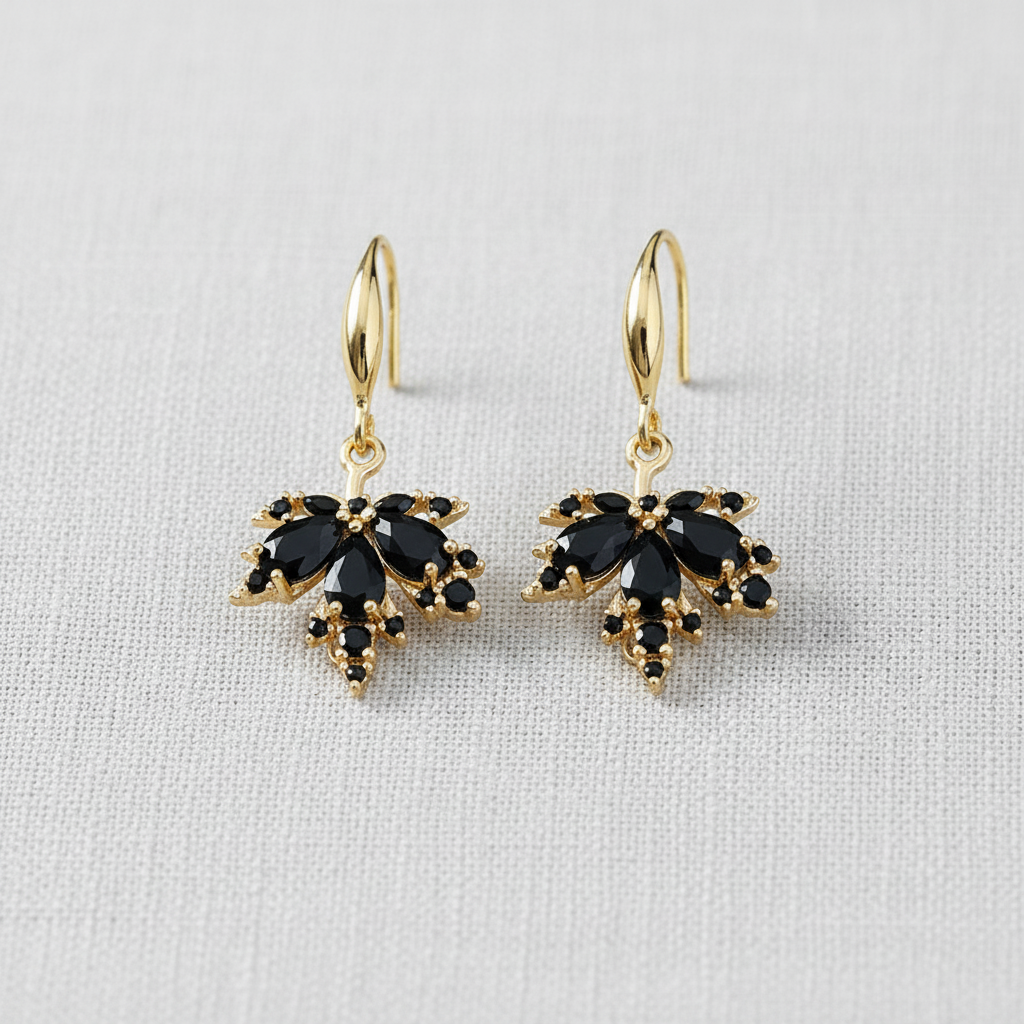 Vintage Black Zircon Maple Leaf Drop Earrings