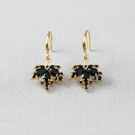 Vintage Black Zircon Maple Leaf Drop Earrings