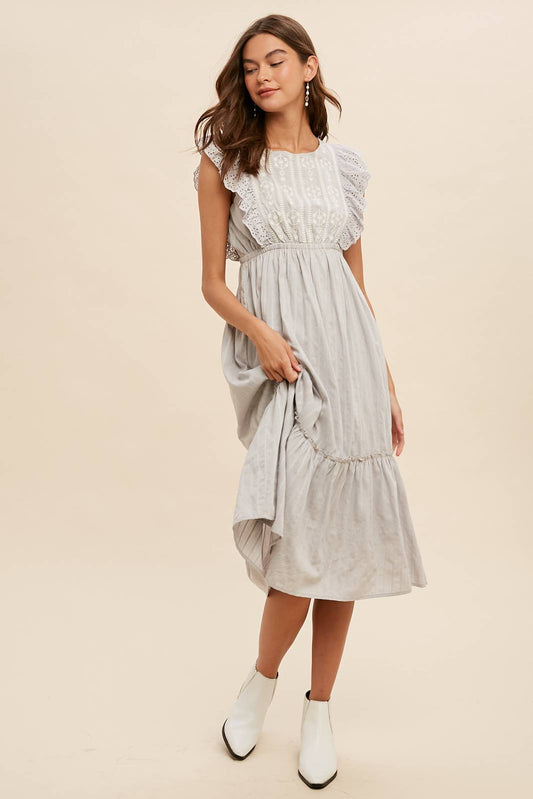 EYELET FLUTTER SLEEVE EMBROIDERED MIDI DRESS