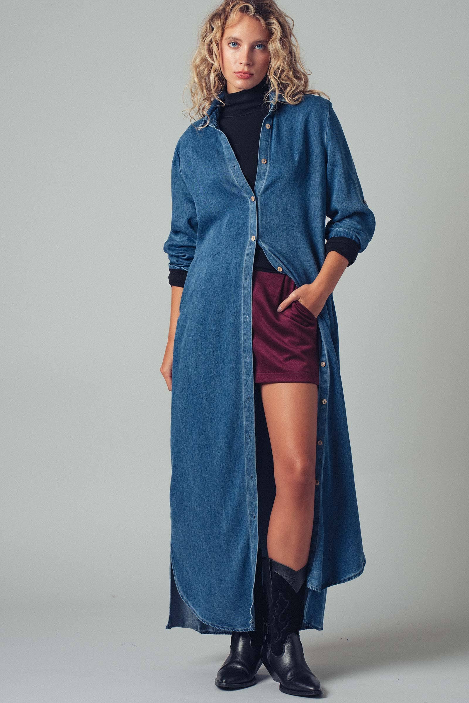Relaxed Western Denim Midi Shirt Dress with Button Front for Women | Denim & Design BLUE / S Relaxed Western Denim Midi Shirt Dress with Button Front for Women | Denim & Design BLUE / S