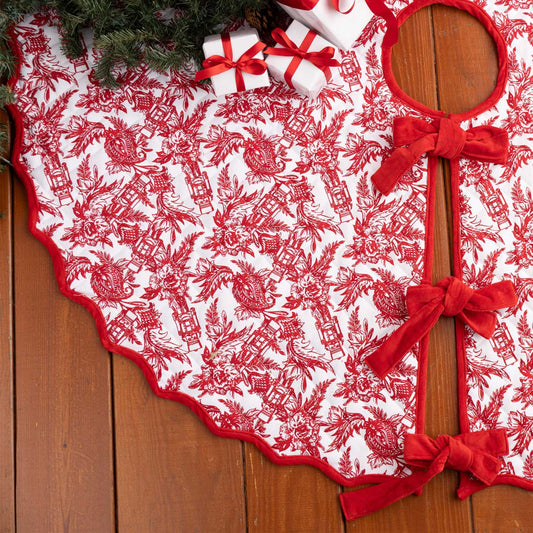 Nutcracker Toile Quilted Velvet-Trim Tree Skirt