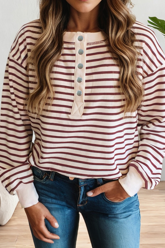 LAST CHANCE - Womens Stripe Long Sleeve Henley Top - size XL