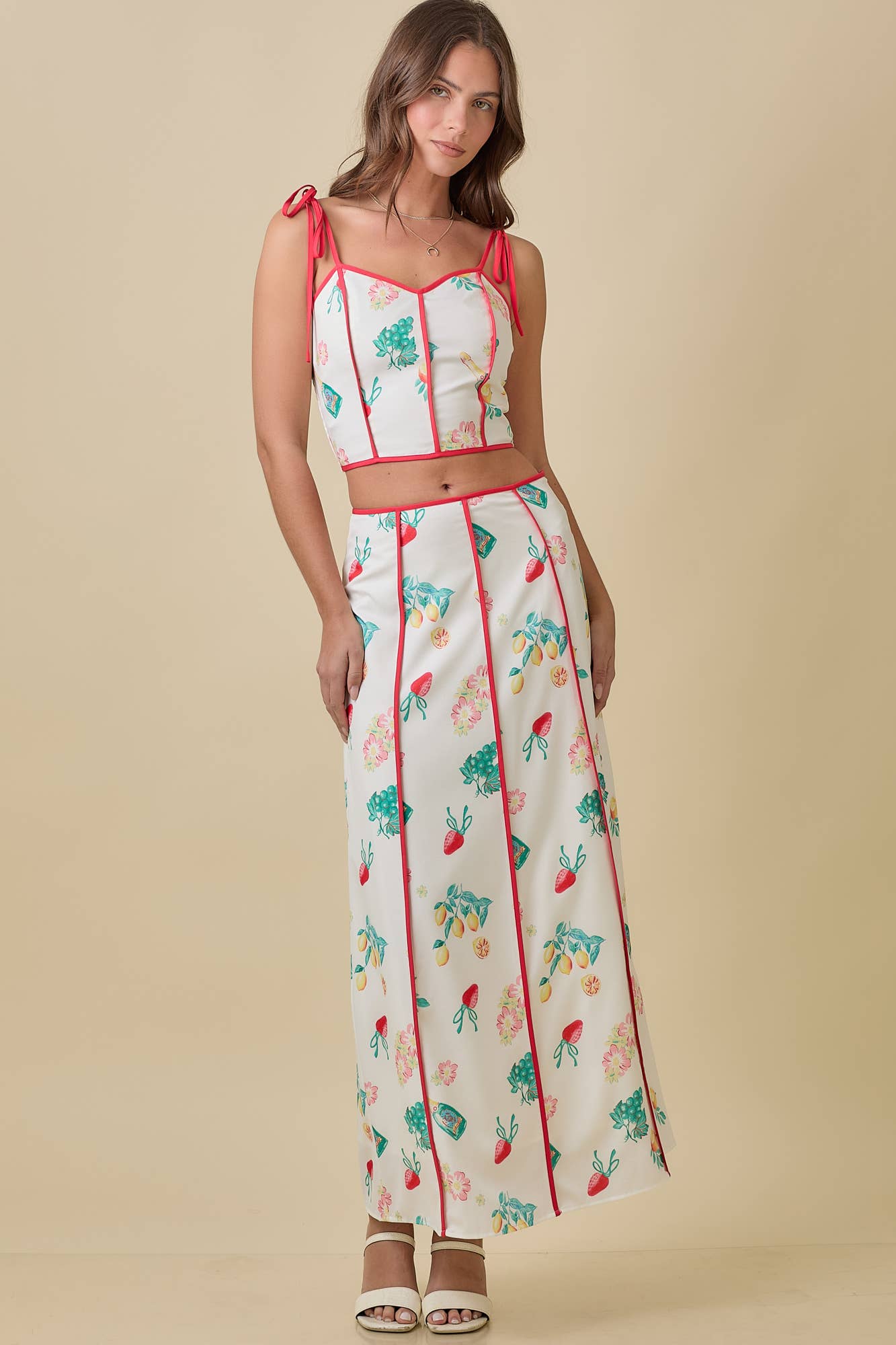 Strap Tie Crop Top With Vintage Print