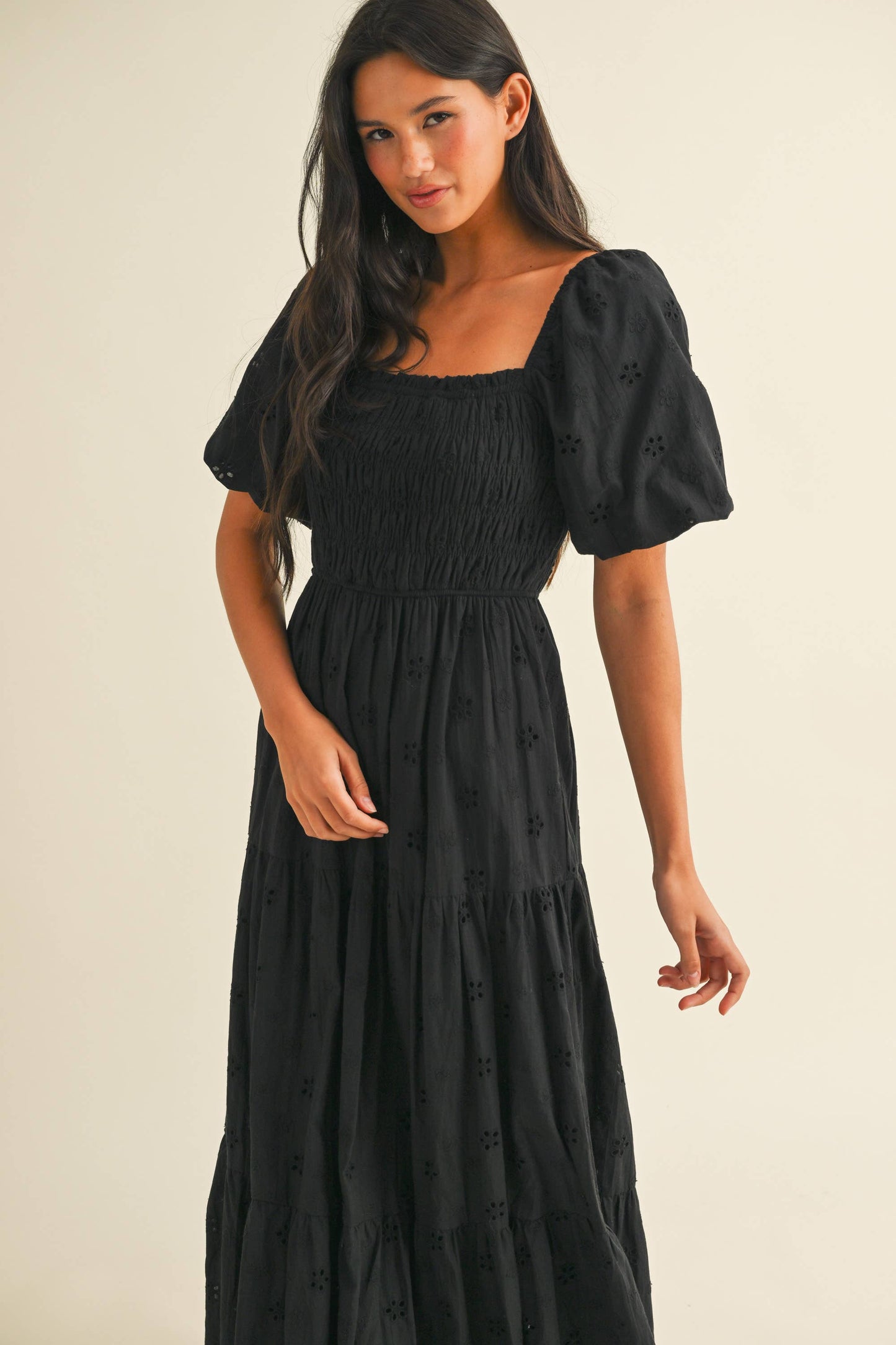ID8852 EYELET PUFF SLEEVES MIDI DRESS WITH SMOCKING