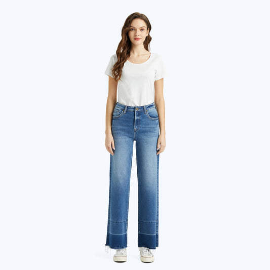HIGH RISE WIDE LEG JEANS WITH RAW HEM