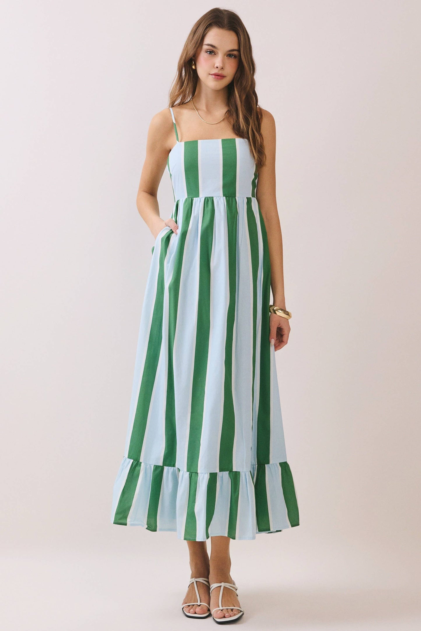Green Stripe Smocked Maxi Dress with Pockets