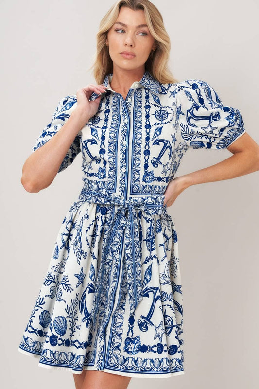 PRINTED WOVEN BUTTON DOWN MINI DRESS