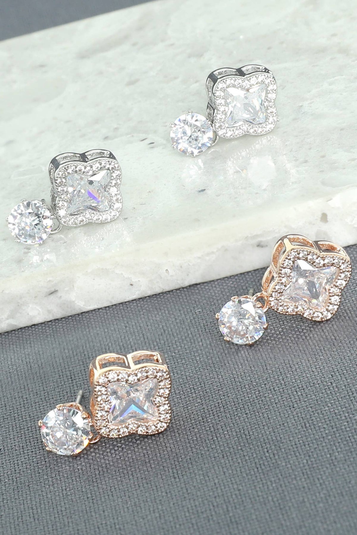 2-Tier Gold Plated CZ Quatrefoil Drop Earrings