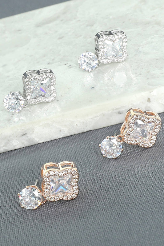 2-Tier Gold Plated CZ Quatrefoil Drop Earrings