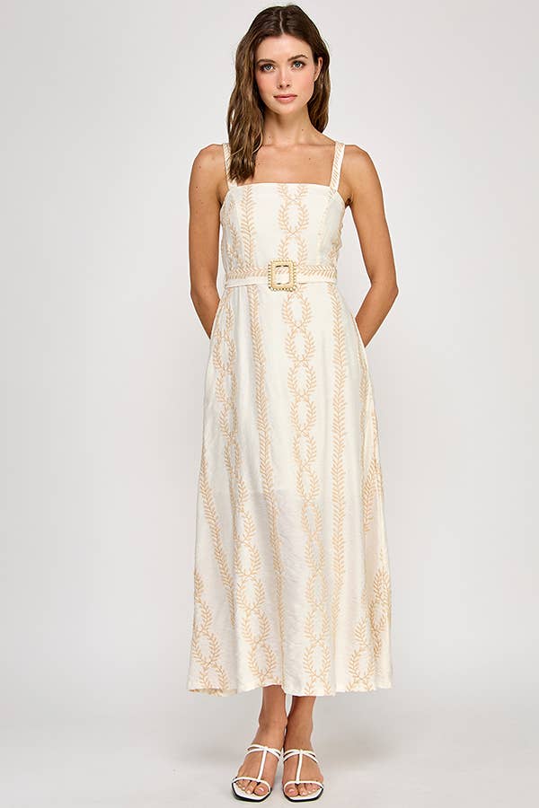 Embroidered Belted Maxi Dress