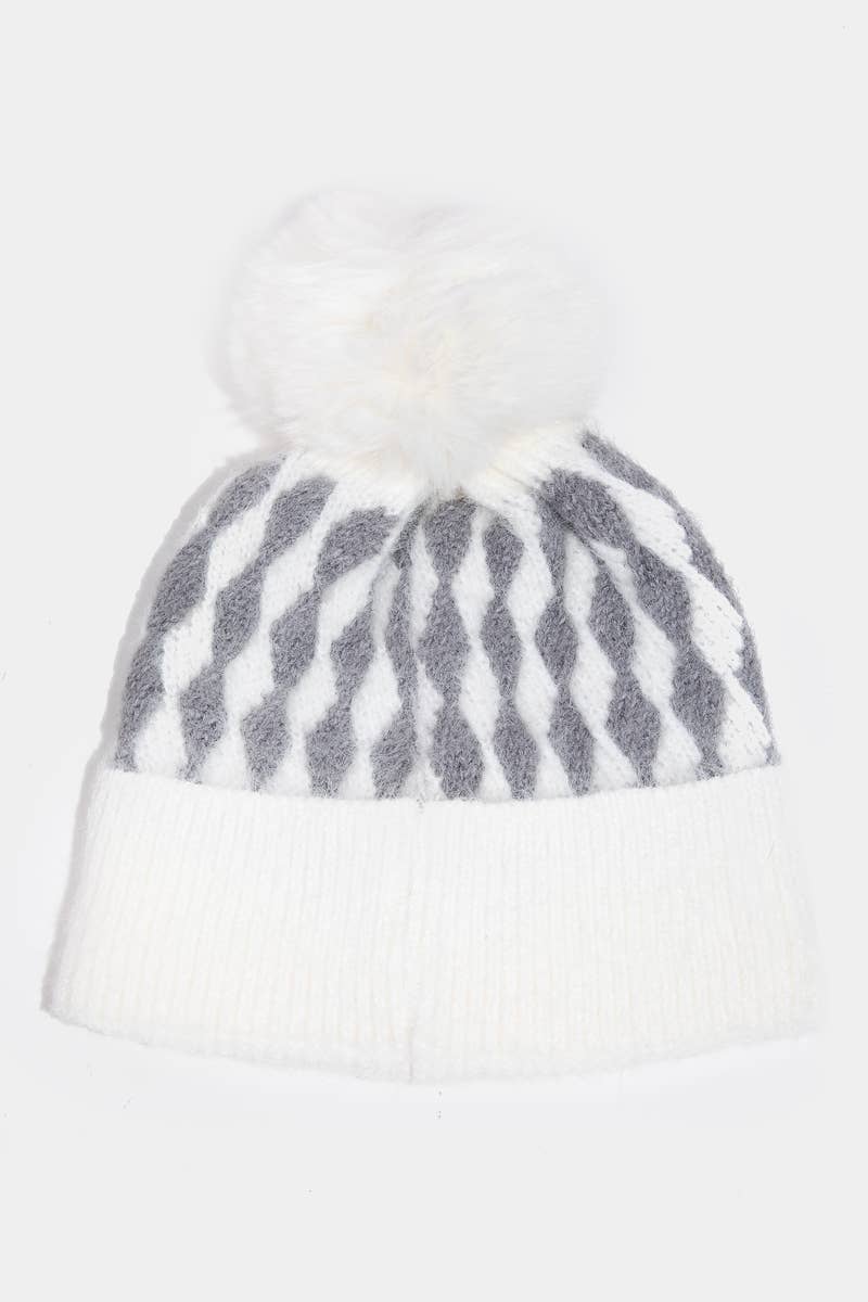Abstract Diamond Stripe Knit Pom Pom Beanie