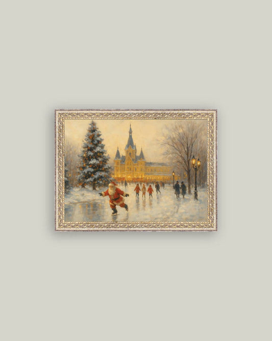 Skating Santa Framed Antique Art
