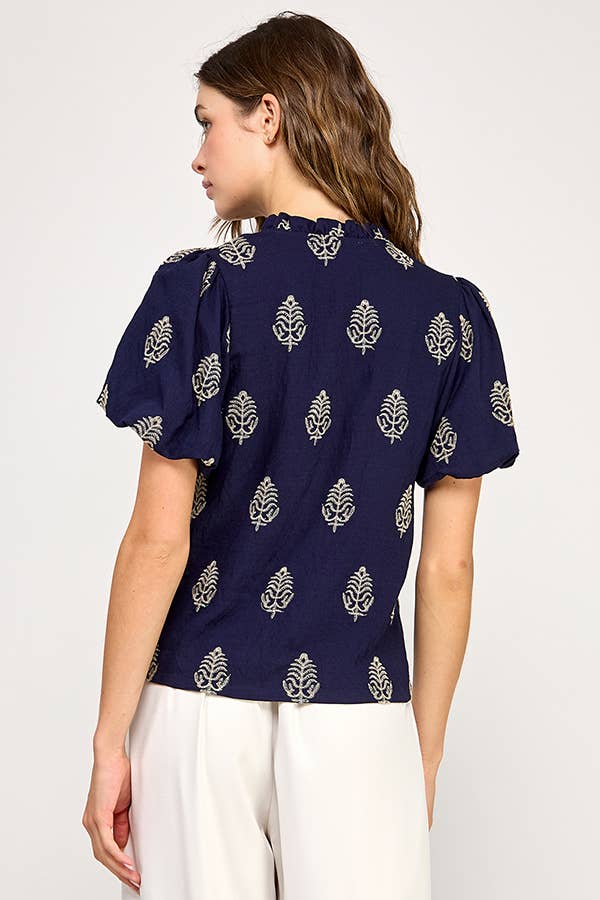Gold Leaf Embroidered Short Sleeve Top