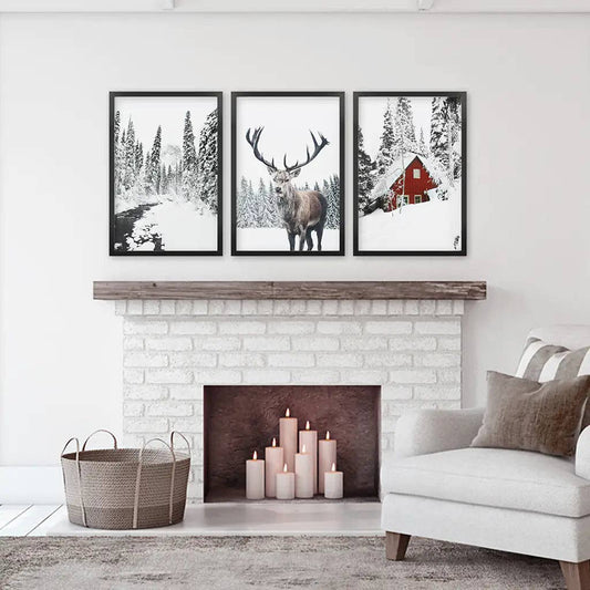Winter Landscape Wall Art Print. Winter Red Log Cabin, Deer
