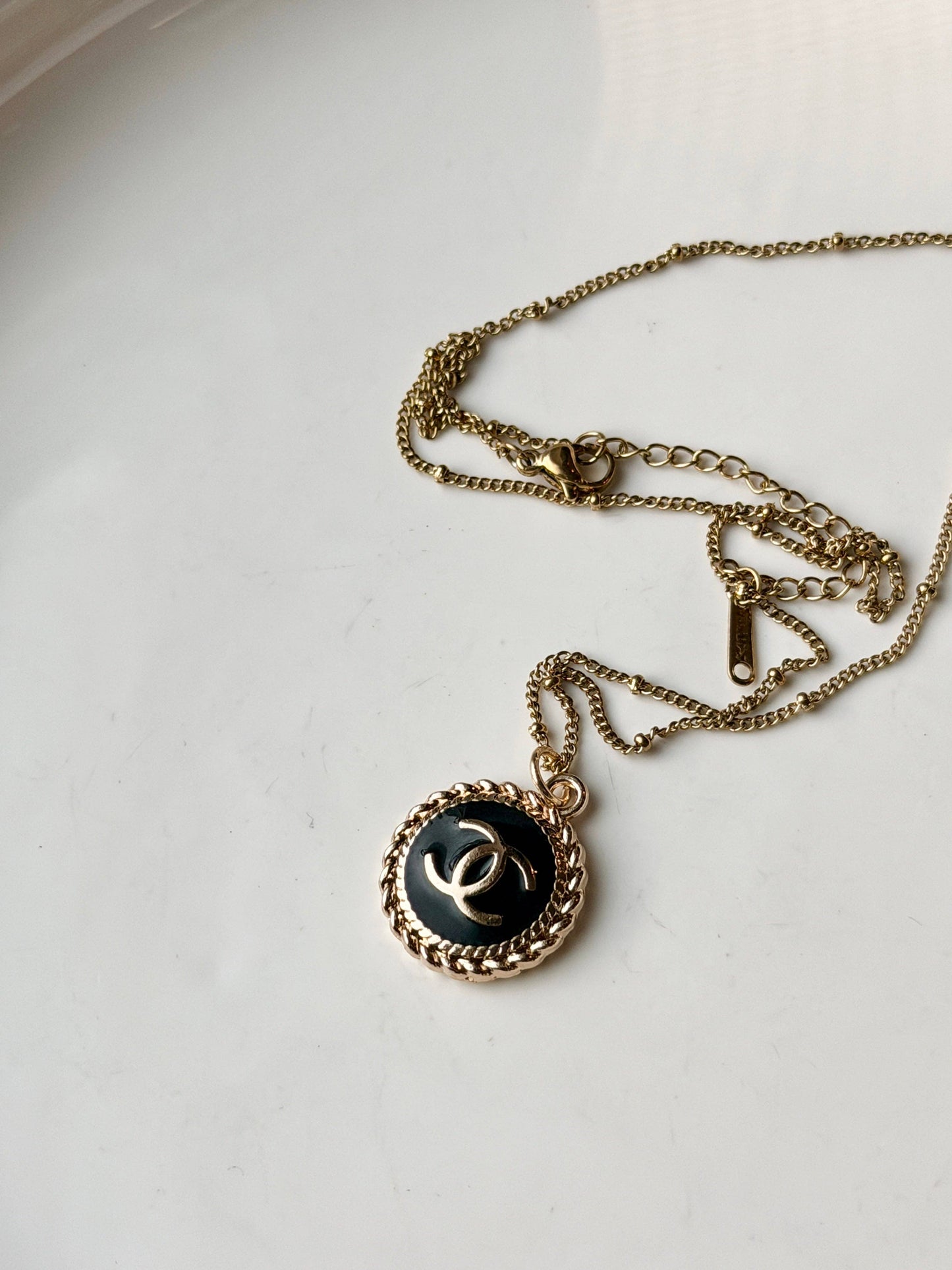 Upcycled Chanel Designer Black & Gold Pendant Necklace