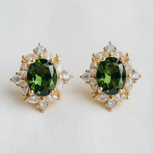 Gold Plated Zircon Stud Earrings in Olive Green