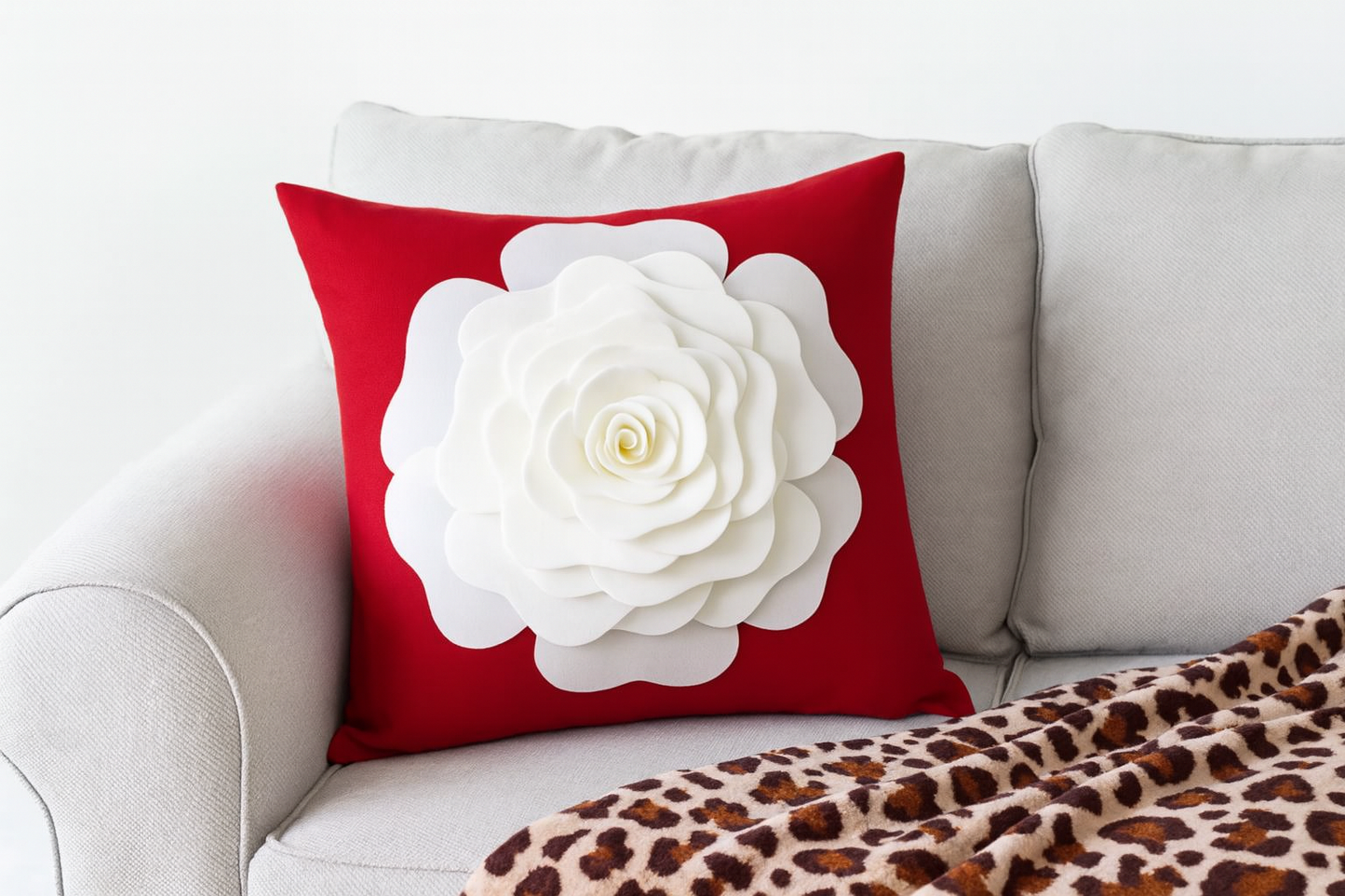 Red 3D White Rose Flower 17" Throw Pillow