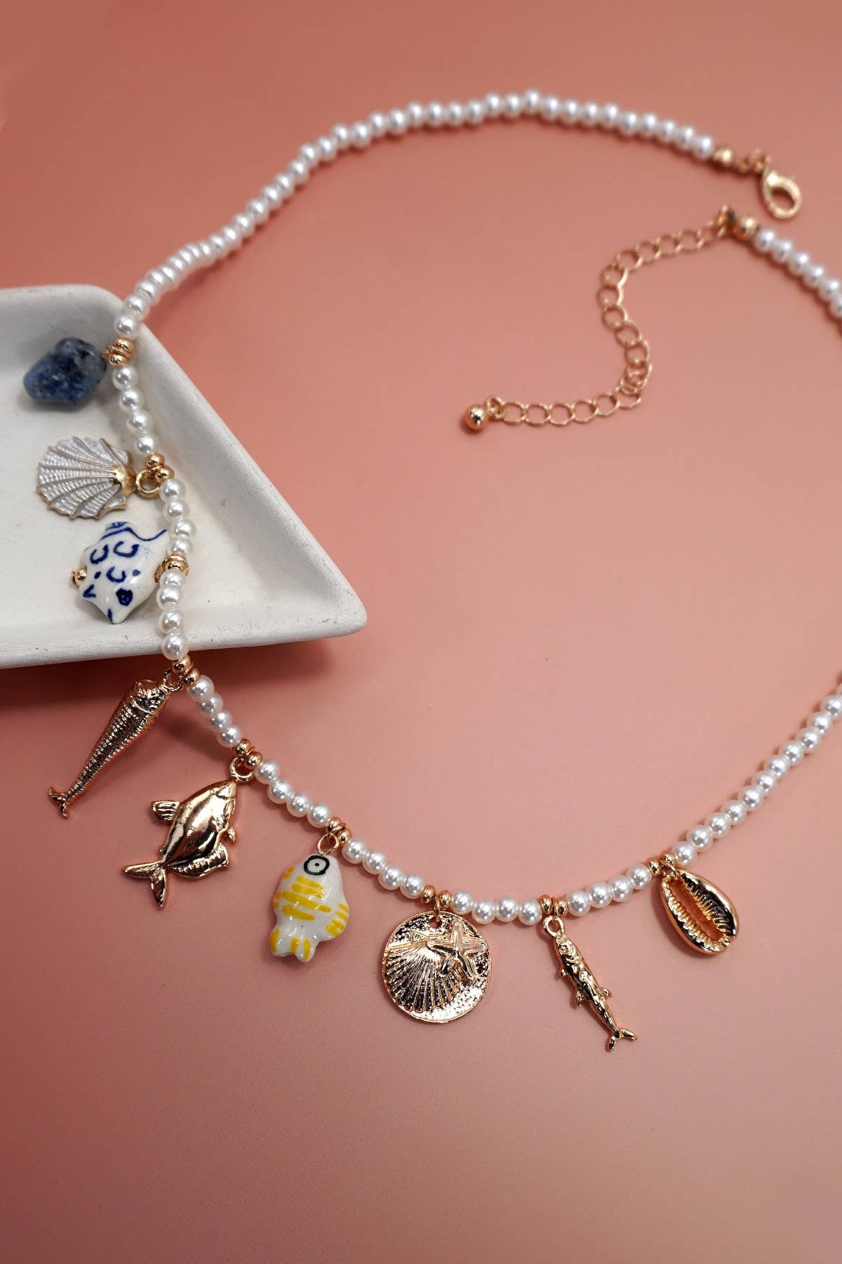 Coastal Porcelain Fish Shell Natural Stone Charm Necklace