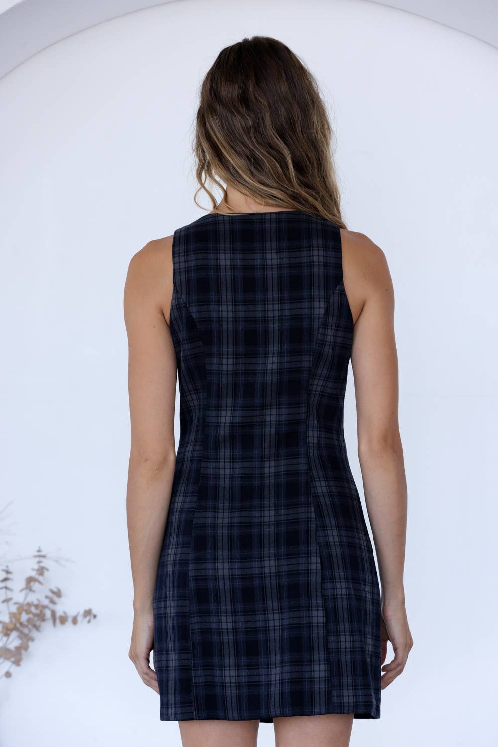 PLAID BUTTON-FRONT MINI DRESS