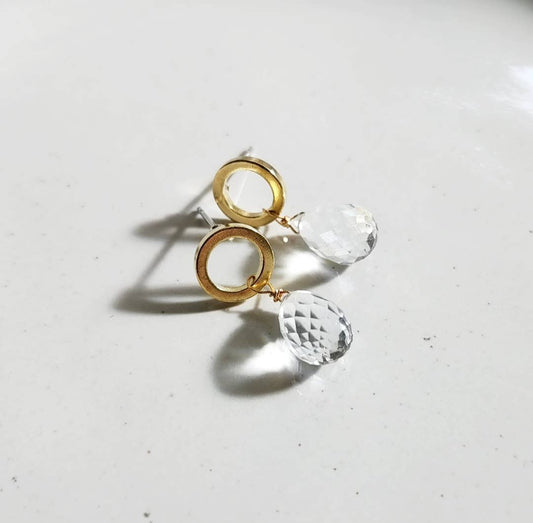 Sparkling Quartz Briolette and Brass Circle Post Earrings