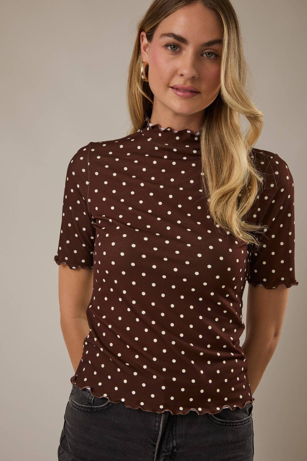 High Neck Elbow Sleeve Merrow Hem Top