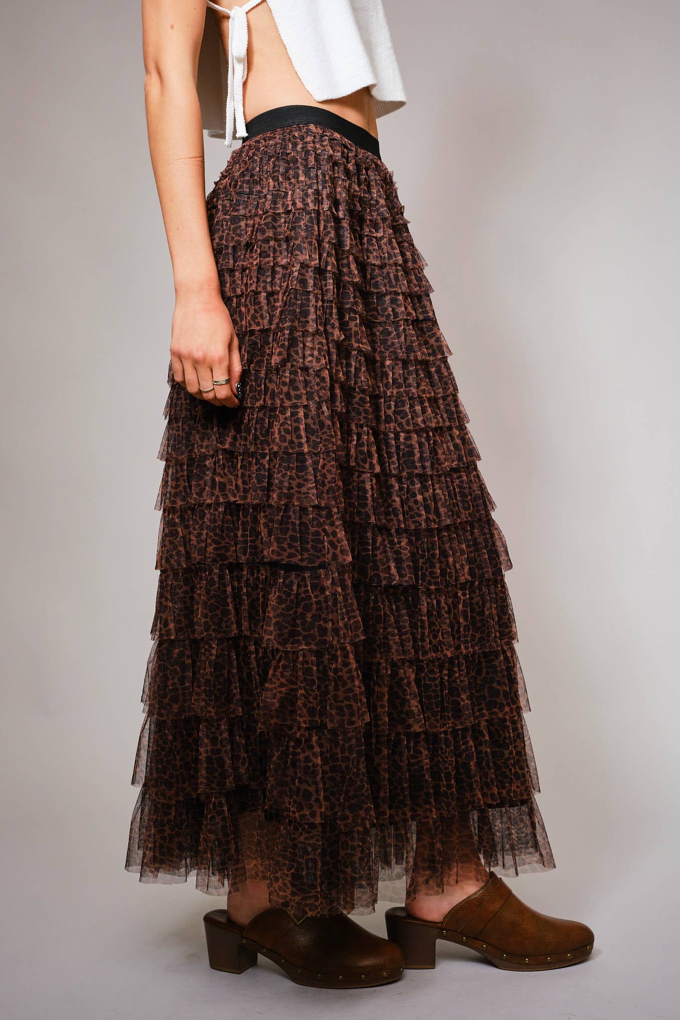 LAST CHANCE - High Waist Leopard Print Tiered Ruffle Maxi Skirt