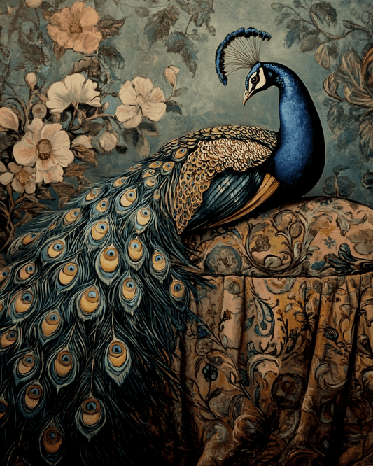 Peacock Still-Life - 8″x10″ Artwork in 11″x14″ Brushed Silver Antique Frame