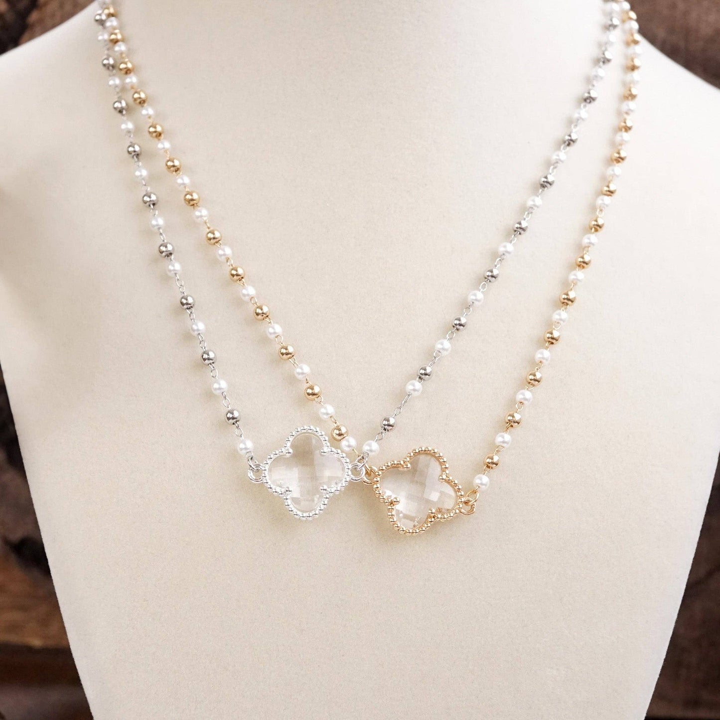 Lucky Light Clover Pendant Necklace with Pearls - Gold or Silver