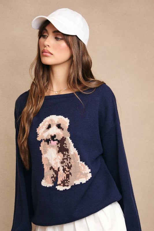 OFF SHOULDER LONG SLEEVE GOLDENDOODLE GRAPHIC SWEATER