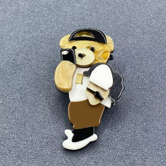 Bear Taking Photos with Mobile Phone Acrylic Brooch