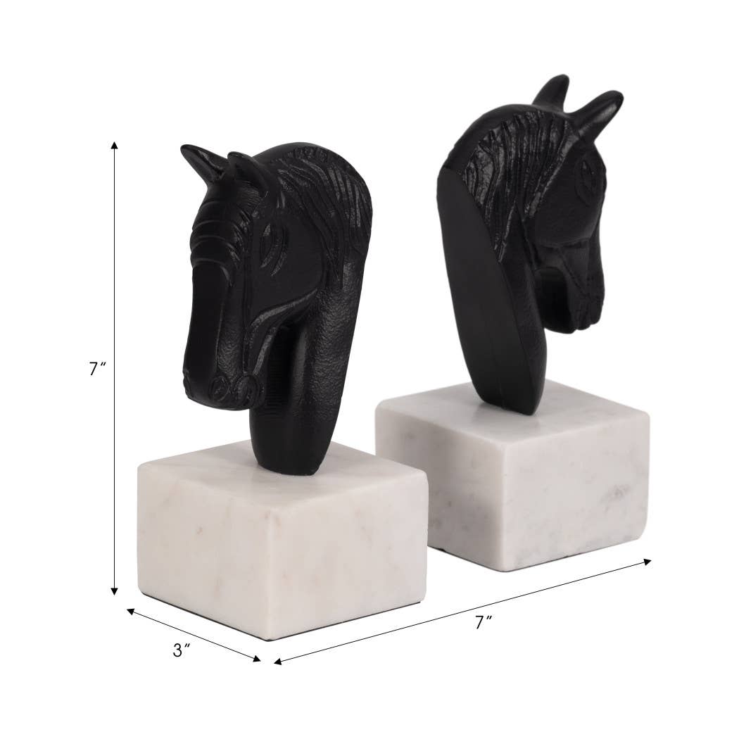 Bookends Set of 2 - White/Black Metal Horse Head, 7 in.