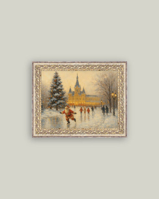 Skating Santa Framed Antique Art