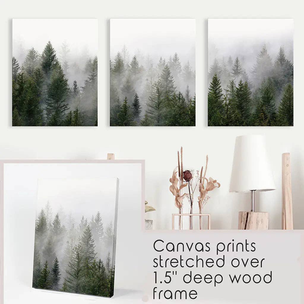 Green Pine Tree Forest. Foggy Nature Wall Art Print