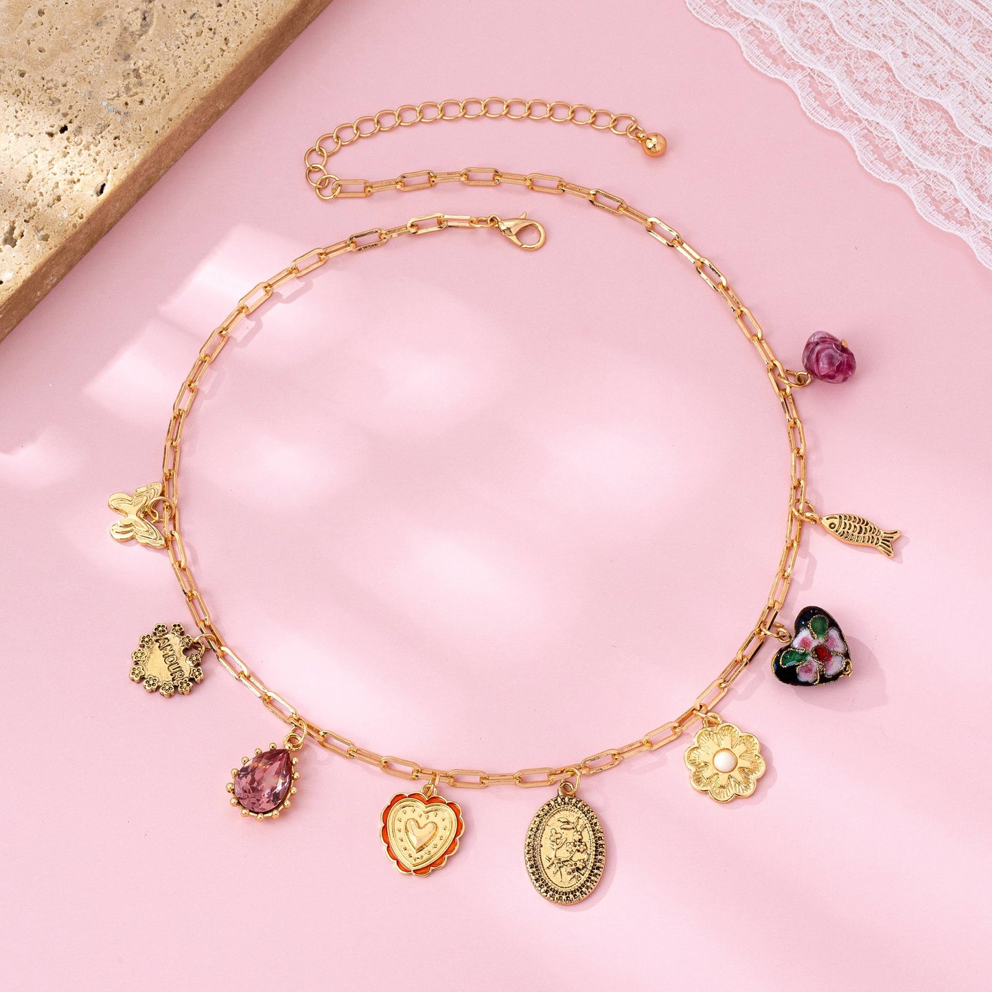 Heart Cloisonne Multi-Charm Necklace - Gold Paperclip Chain
