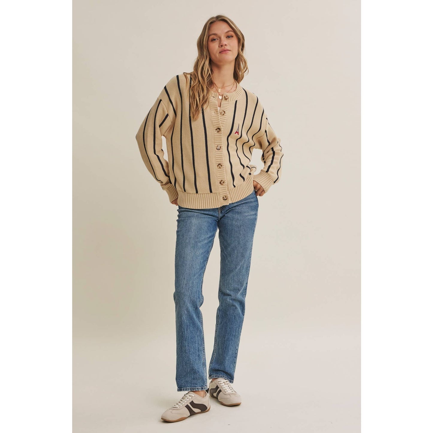 CITY POSTCARD EMBROIDERED STRIPE BUTTON-DOWN CARDIGAN