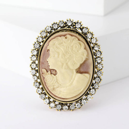 Vintage Relief Beauty Portrait Rhinestone Brooch