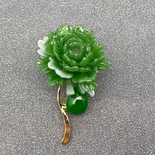 Green Resin Peony Flower Brooch