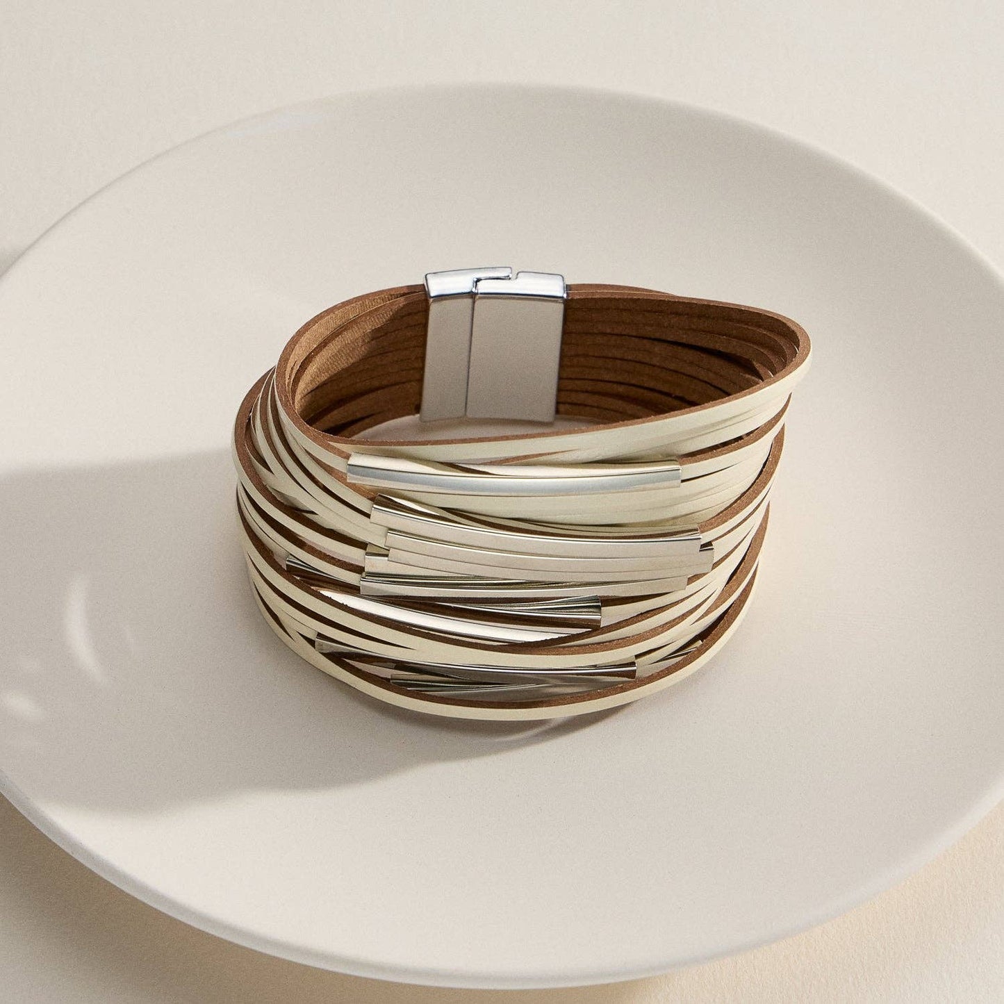 Multi-Layer Leather Wrap Cuff Bracelet with Natural Stone Accents