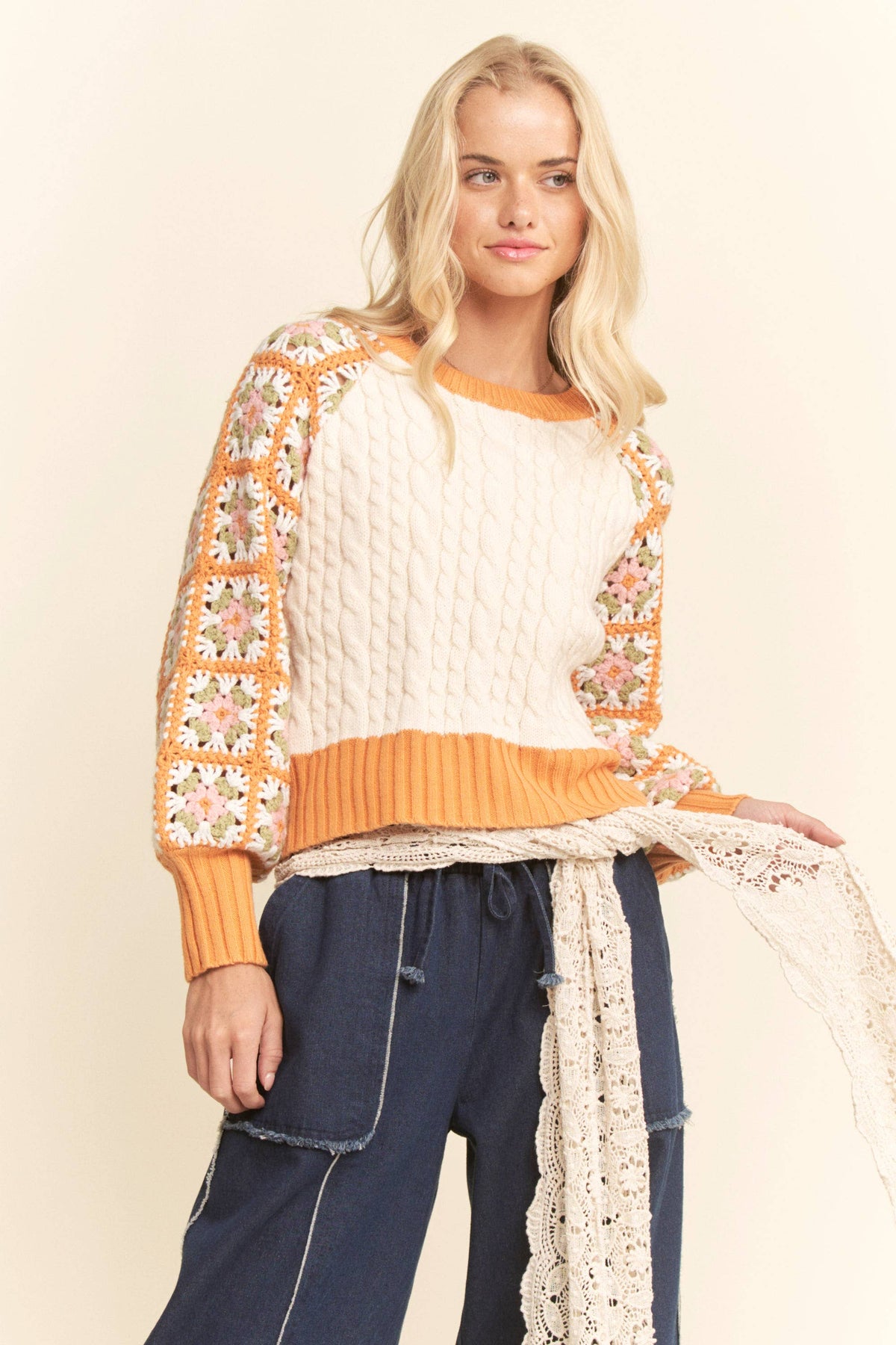 Cable Knit Sweater With Crochet Floral Sleeves