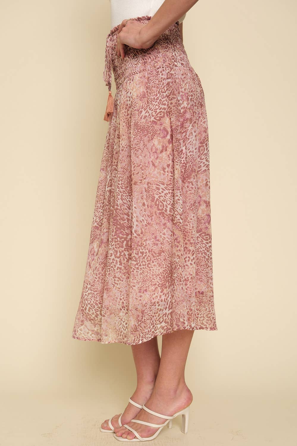 Smocked Waist Animal Print Convertible Midi Skirt - Blush