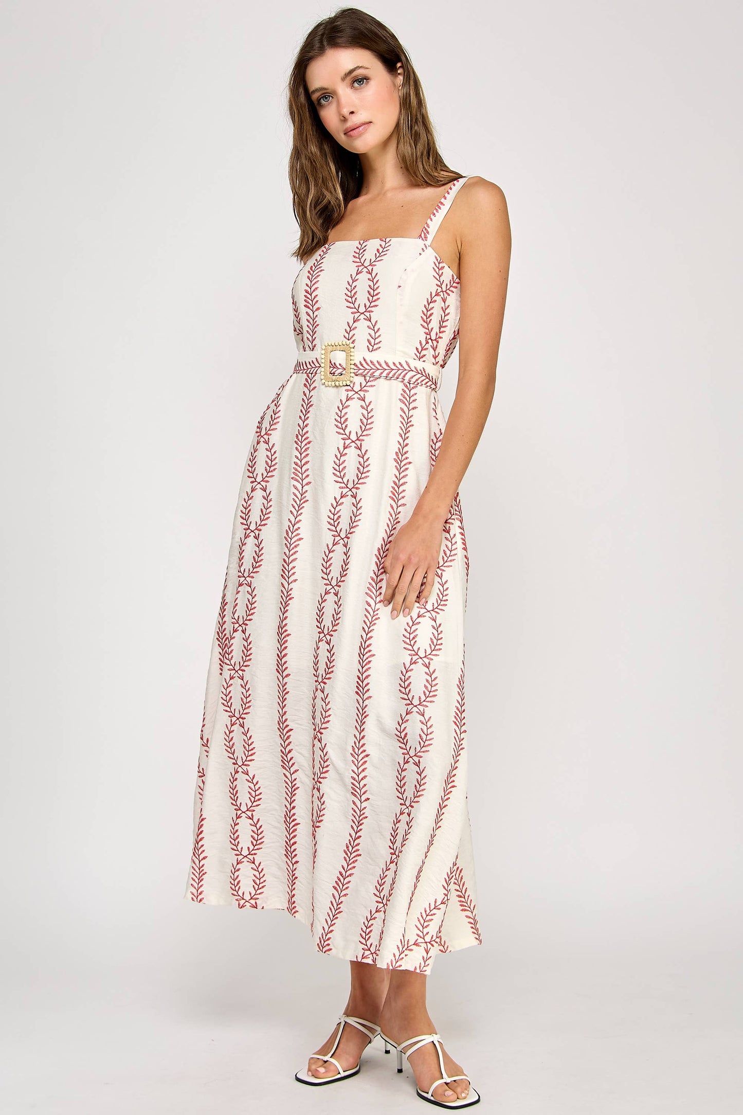 Embroidered Belted Maxi Dress