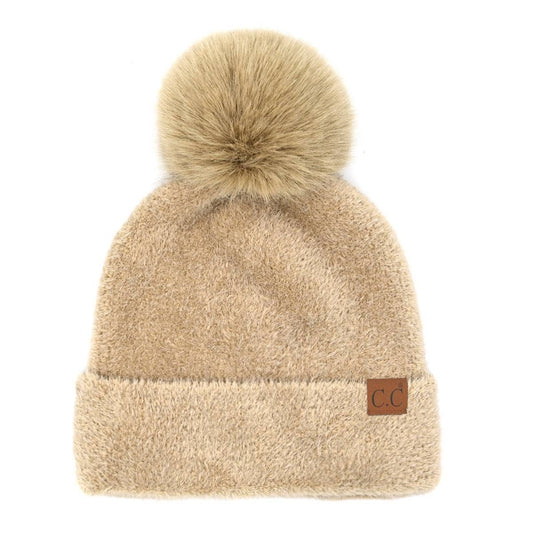 Women's Chenille Winter Pom Beanie - Beige