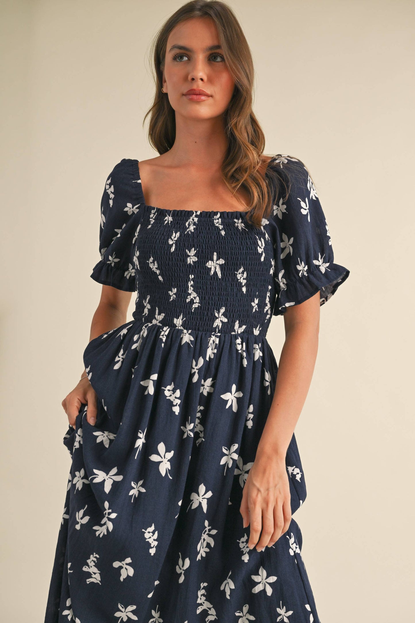 ID8847-A  FLORAL MIDI PUFF SLEEVES DRESS