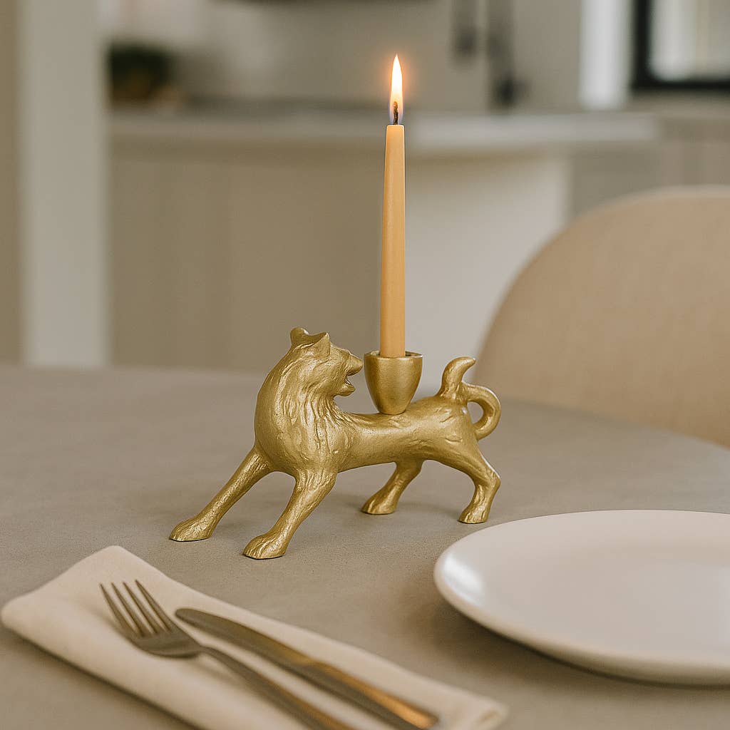 Candle Holder - Gold Metal Modern Sleek Fox Taper, 8 in.